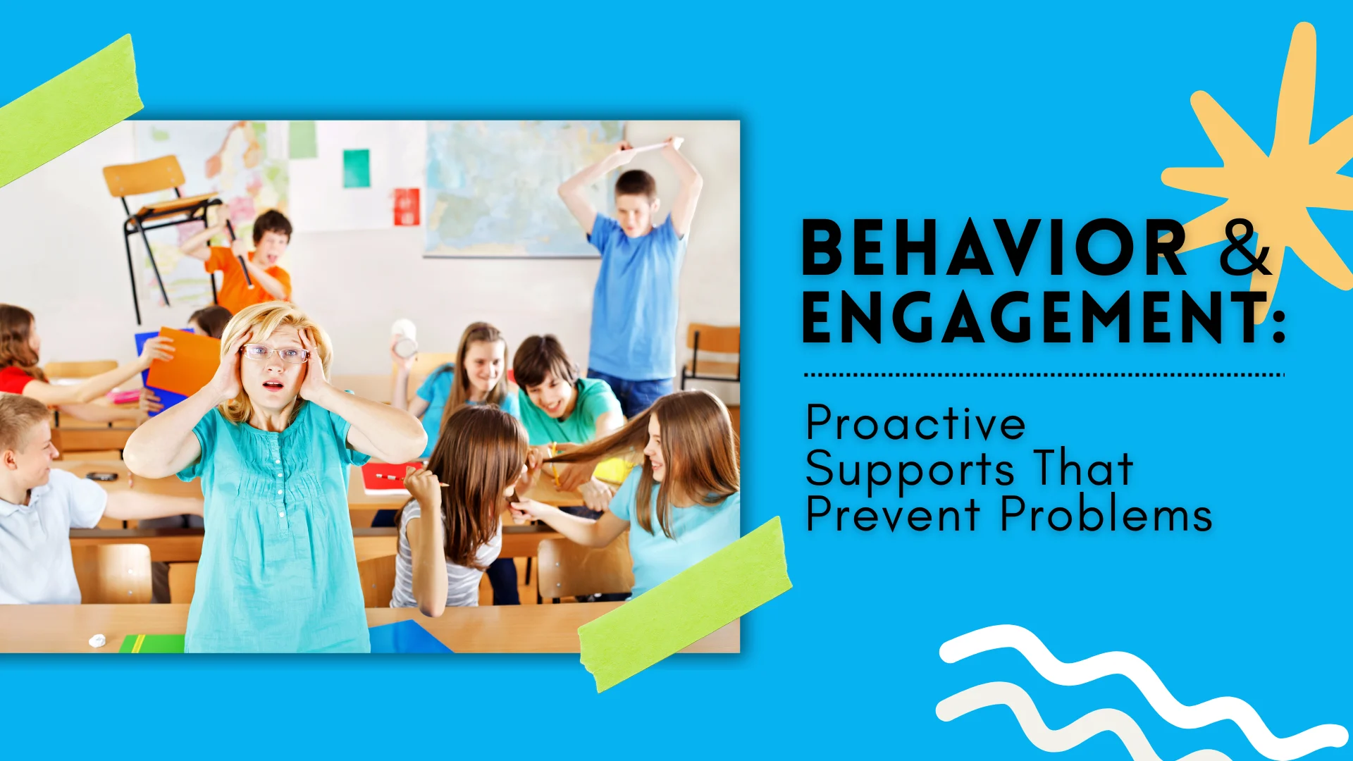 Teacher stressed in chaotic classroom scene