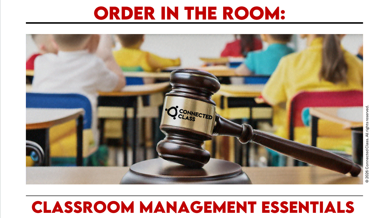 Gavel on desk in colorful classroom.